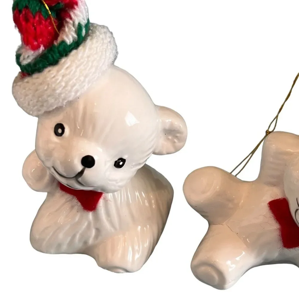 Vintage Teddy Bear Ceramic Ornaments Set of 3 Christmas Stocking Hate Red Green
